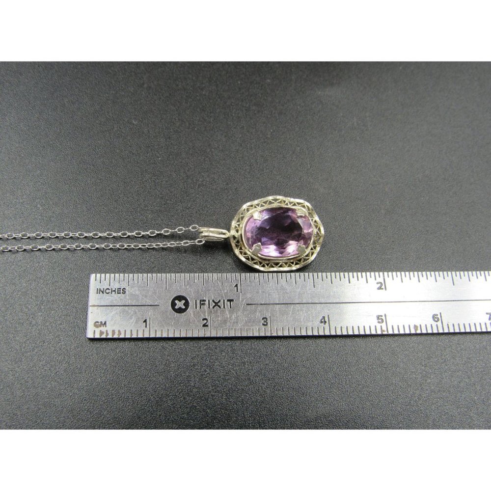 18" Sterling Silver Good Size Purple Amethyst Pendant Necklace Vintage - Picture 6 of 7